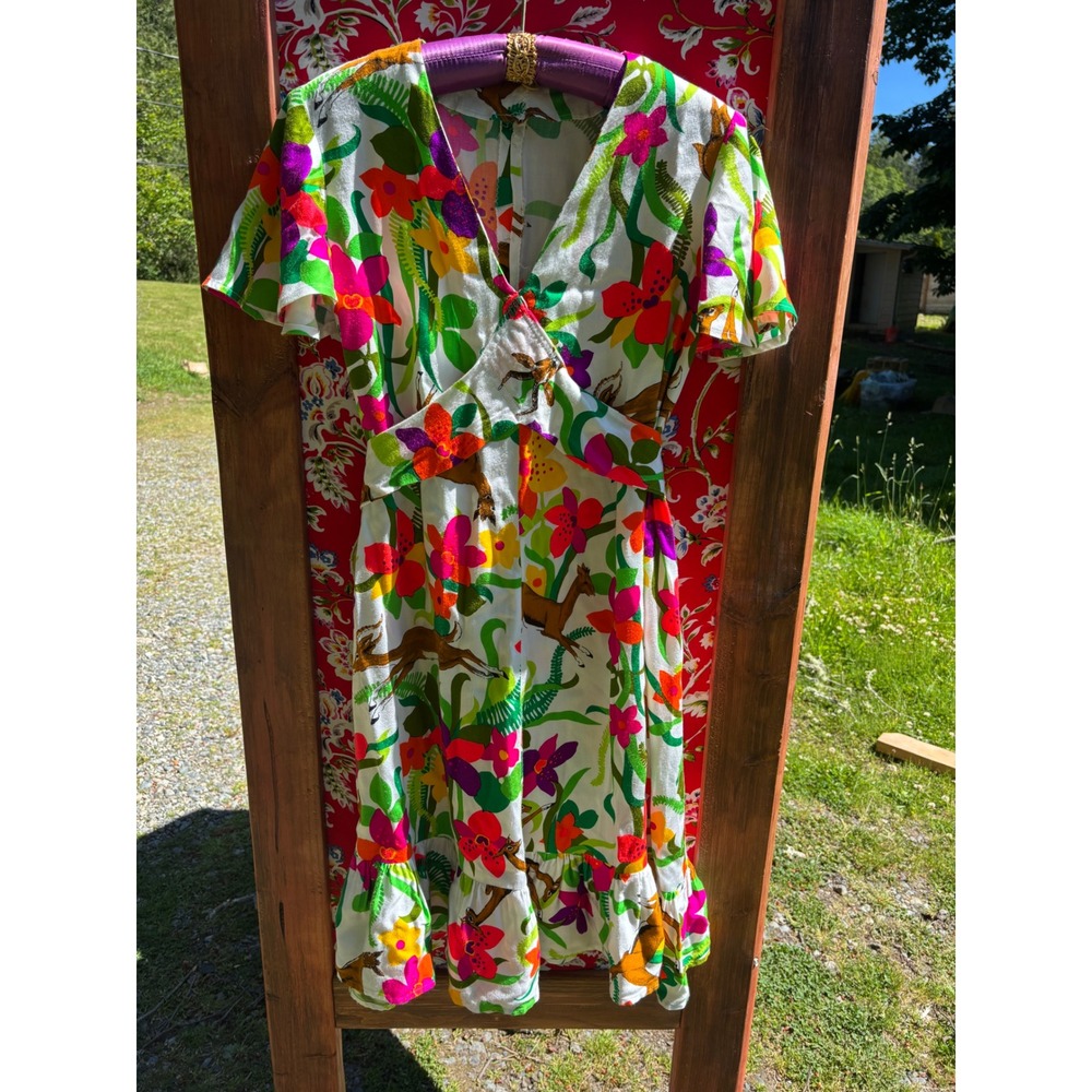 VTG 70's Neon Floral Ruffle Vacation Whimsy Boho Chic Midi Dress Size M-L - Picture 10 of 13